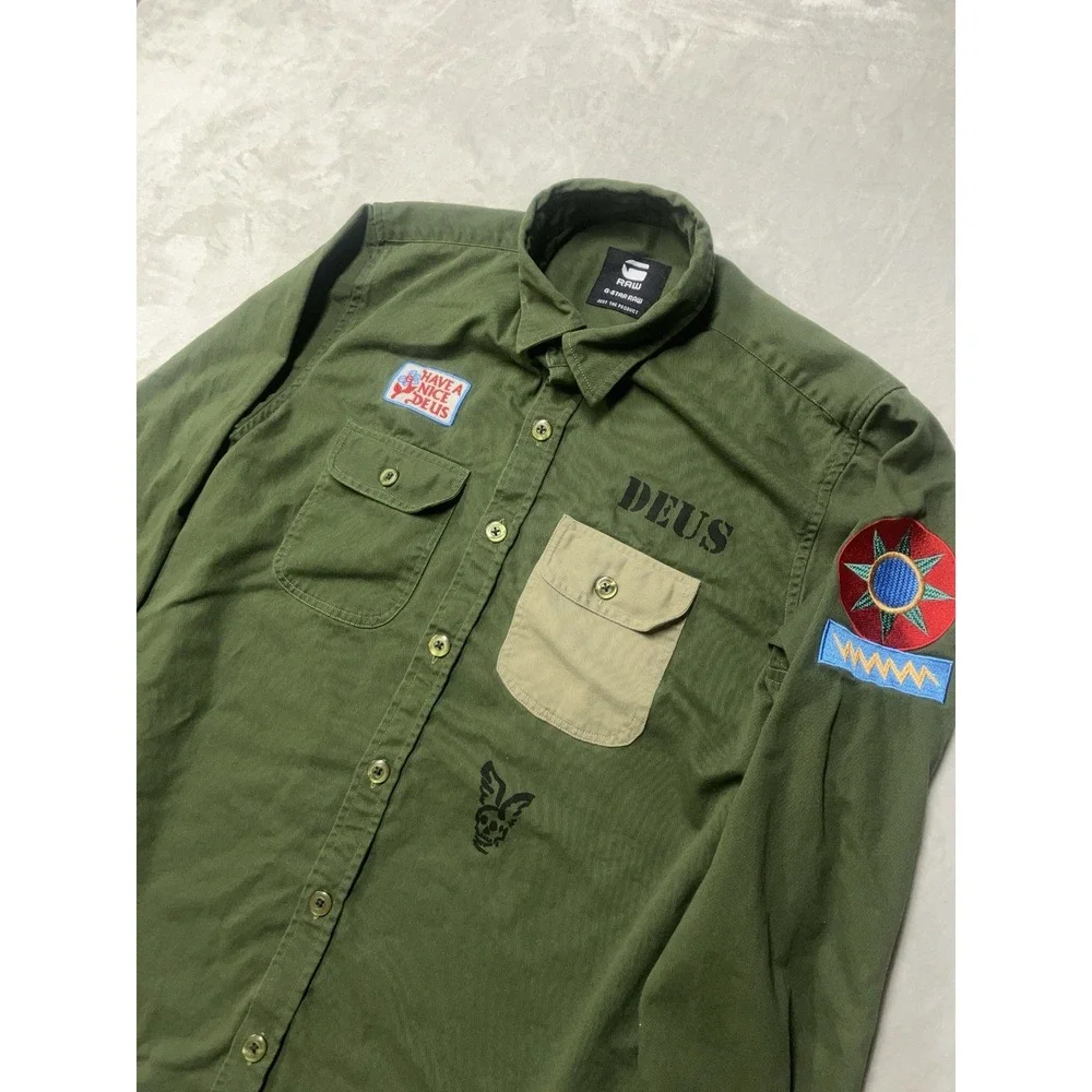 DEUS EX MACHINA G-Star Raw Logo Patch Cargo Shirt Jacket Green Military Mens M